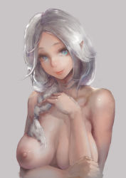 Rule 34 | 1girl, blue eyes, braid, breasts, cleavage, female focus, highres, large breasts, lips, long hair, looking at viewer, nipples, nose, nude, original, pink background, pointy ears, silver hair, simple background, sky of morika, smile, solo, topless frame, upper body