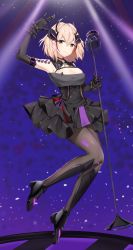 Rule 34 | 1girl, azur lane, black dress, black footwear, black gloves, black pantyhose, blonde hair, breasts, cleavage, closed mouth, dress, elbow gloves, full body, gloves, hair ornament, hairclip, hand up, highres, holding, holding microphone stand, looking at viewer, medium breasts, microphone stand, multicolored hair, official alternate costume, pantyhose, qing wu, roon (azur lane), roon (muse) (azur lane), shoes, short hair, smile, solo, standing, standing on one leg, yellow eyes