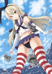 Rule 34 | 1girl, :o, bad id, bad pixiv id, black bow, black neckerchief, black panties, blonde hair, blue skirt, blue sky, blush, bow, cloud, cloudy sky, day, elbow gloves, from below, gloves, hair bow, highleg, highleg panties, highres, kantai collection, legs apart, long hair, looking at viewer, microskirt, navel, neckerchief, ocean, open mouth, outdoors, panties, platinum blonde hair, pleated skirt, rensouhou-chan, sailor collar, shimakaze (kancolle), skirt, sky, solo, standing, striped clothes, striped thighhighs, thighhighs, thighs, underwear, white gloves, yuuki kazuhito