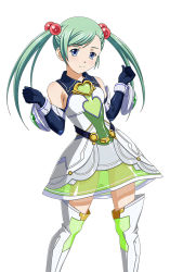 Rule 34 | 00s, 1girl, blue eyes, blue gloves, boots, elbow gloves, female focus, gloves, green hair, hair bobbles, hair ornament, hands up, ikkitousen, long hair, looking at viewer, see-through, shokatsuryou koumei, simple background, smile, solo, thigh boots, thighhighs, twintails, white background