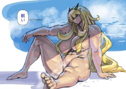 Rule 34 | 1girl, abs, barghest (fate), biceps, blonde hair, blue sky, breasts, fate/grand order, fate (series), green eyes, heterochromia, horns, huge breasts, long hair, looking to the side, muscular, muscular female, navel, nude, red eyes, sashizume soutarou, shade, sitting, sky, solo, speech bubble, translation request