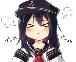 Rule 34 | &gt; &lt;, 10s, 1girl, akatsuki (kancolle), anchor symbol, black hair, blush, commentary request, eyebrows, closed eyes, flat cap, hat, kantai collection, long hair, long sleeves, neckerchief, pout, red neckerchief, school uniform, serafuku, sleeves past wrists, solo, sulking, tosura-ayato, translated