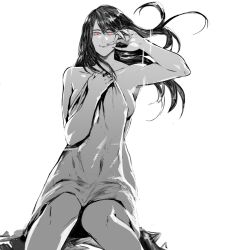 Rule 34 | 1girl, arm up, breasts, collarbone, feet out of frame, grey background, hand up, highres, holding, holding towel, kamishiro rize, large breasts, long hair, naked towel, red eyes, simple background, sitting, smile, solo, spot color, tokyo ghoul, towel, wavy hair, yourfreakyneighbourh