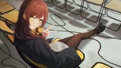 Rule 34 | 1girl, absurdres, black jacket, black pantyhose, blush, brown hair, hand in pocket, highres, idolmaster, idolmaster shiny colors, jacket, light smile, looking at viewer, looking back, looking up, odecono3, on chair, osaki amana, pantyhose, sitting, solo, straight hair, v