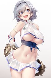 Rule 34 | 1girl, :d, azur lane, bare shoulders, belt bra, breasts, cheerleader, cleavage, commentary request, cowboy shot, crop top, gradient background, grey hair, hair between eyes, hairband, holding, holding pom poms, large breasts, looking at viewer, midriff, miniskirt, navel, no bra, open mouth, pom pom (cheerleading), pom poms, purple eyes, reno (azur lane), reno (biggest little cheerleader) (azur lane), see-through, shirt, short hair, shunichi, skirt, sleeveless, sleeveless shirt, sleeveless turtleneck, smile, solo, stomach, thighs, turtleneck, underboob, white background, white shirt, white skirt