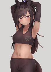 Rule 34 | 1girl, absurdres, animal ears, armpits, arms behind head, arms up, black gloves, black hair, black pants, breasts, bridle, brown thoroughbred (kemono friends), collarbone, commentary, cowboy shot, dark-skinned female, dark skin, deku suke, elbow gloves, english commentary, extra ears, fingerless gloves, gloves, grey background, highres, horse ears, horse girl, horse tail, japan racing association, kemono friends, long hair, looking at viewer, medium breasts, midriff, navel, o-ring, pants, red eyes, simple background, solo, sports bra, tail
