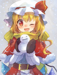 Rule 34 | 1girl, ;d, belt, belt buckle, blonde hair, blue shirt, blush, brown belt, brown mittens, buckle, capelet, dress shirt, fang, flandre scarlet, fur-trimmed capelet, fur-trimmed mittens, fur trim, hat, long hair, looking at viewer, mittens, one eye closed, open mouth, red capelet, red eyes, scarf, sen1986, shirt, smile, solo, standing, touhou, white hat, yellow scarf
