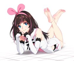 Rule 34 | 1girl, bare shoulders, barefoot, blue eyes, blush, brown hair, buttons, closed mouth, detached sleeves, feet, feguimel, hairband, head tilt, highres, kizuna ai, kizuna ai inc., long hair, long sleeves, looking at viewer, lying, multicolored hair, on stomach, sailor collar, shorts, smile, soles, solo, streaked hair, the pose, toes, virtual youtuber, white shorts