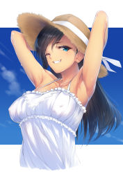 Rule 34 | 1girl, ;), aqua eyes, armpits, arms behind head, arms up, bad id, bad pixiv id, bare shoulders, black hair, blue sky, blush, breasts, cloud, collarbone, covered erect nipples, day, dress, dripping, fang, framed breasts, frilled dress, frills, grin, hat, hat ribbon, highres, kanata (kanata onion), long hair, looking at viewer, no bra, one eye closed, original, outdoors, outside border, ribbon, shiny skin, sky, sleeveless, sleeveless dress, smile, solo, straw hat, sundress, sweat, tan, upper body, white dress