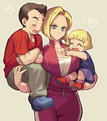 Rule 34 | 1boy, 2girls, absurdres, android 18, bare arms, beige background, black hair, blonde hair, blue eyes, blunt bangs, bob cut, breasts, brown pants, carrying, closed eyes, crossed arms, dragon ball, dragon ball super, dragonball z, dress, earrings, expressionless, eyelashes, facing viewer, family, father and daughter, hair behind ear, happy, heart, heart background, highres, huge breasts, husband and wife, jacket, jewelry, kuririn, laughing, light blush, looking at viewer, marron (dragon ball), minor (minor2730), mother and daughter, multiple girls, muscular, muscular male, open mouth, outline, outstretched arms, pants, pectorals, pink legwear, purple dress, red footwear, red shirt, shirt, shoes, short dress, short hair, shy, simple background, single vertical stripe, sleeveless, sleeveless dress, socks, sweatdrop, track jacket, track pants, tsurime, unzipped, white outline, white shirt, zipper