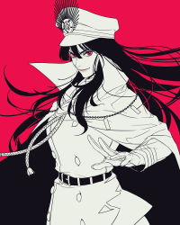 Rule 34 | 1girl, black hair, cape, crest, family crest, fate (series), gloves, hat, highres, koha-ace, lips, long hair, looking at viewer, military, military uniform, oda nobunaga (fate), oda nobunaga (koha-ace), peaked cap, red eyes, smile, solo, spot color, tenobe, uniform