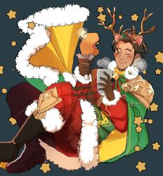 Rule 34 | 1boy, aged up, antlers, armor, artist name, beard stubble, blush, chicken (food), chicken leg, claude von riegan, claude von riegan (yuletide schemer), closed eyes, commentary request, cup, eating, facial hair, fake antlers, fire emblem, fire emblem: three houses, fire emblem heroes, food, hair ornament, holding, holding cup, holding food, holly hair ornament, horns, ice ice mint, male focus, nintendo, pauldrons, reindeer antlers, santa costume, shoulder armor, single pauldron, star (symbol), stubble
