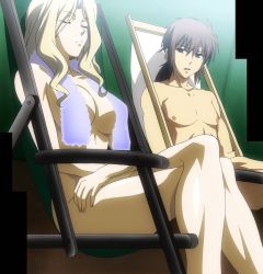 Rule 34 | 1boy, 1girl, andr&eacute; fran&ccedil;oise, blonde hair, breasts, elizabeth mably, closed eyes, freezing (series), highres, large breasts, long hair, nude, sitting, stitched, third-party edit, towel