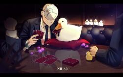 Rule 34 | 3boys, animal, artist name, bald, ball, bird, black jacket, black necktie, card, closed mouth, couch, duck, duckling, formal, indoors, jacket, long sleeves, looking at viewer, mafiaduck (nilan), multiple boys, necktie, nilan 1999, original, playing card, poker, reflection, shirt, table, white shirt
