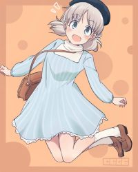 Rule 34 | 10s, 1girl, aki (girls und panzer), artist name, bag, beret, black hat, blue dress, carrying, casual, cbgb, dress, girls und panzer, green eyes, hair tie, hat, jumping, lace, lace-trimmed dress, lace trim, light brown hair, loafers, long sleeves, looking at viewer, medium dress, open mouth, shoes, short hair, short twintails, signature, smile, socks, solo, striped clothes, striped dress, turtleneck, twintails, vertical-striped clothes, vertical-striped dress, white socks