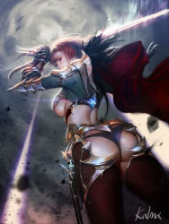 Rule 34 | 1girl, armor, artist request, ass, bikini, breasts, cape, dutch angle, fiora (league of legends), gauntlets, highres, holding, holding weapon, large breasts, looking at viewer, pauldrons, purple eyes, realistic, red hair, shoulder armor, signature, solo, swimsuit, sword, thighhighs, underboob, weapon