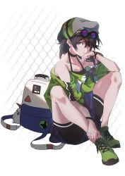 Rule 34 | 1girl, absurdres, backpack, bag, bare shoulders, beret, bird, black hair, black shorts, blue eyes, chicken, closed mouth, eyewear on head, faaallen, fu hua, fu hua (night squire), full body, green footwear, green shirt, hair between eyes, hat, highres, honkai (series), honkai impact 3rd, looking at viewer, shirt, shoes, short sleeves, shorts, sitting, sneakers, solo, sunglasses, v-shaped eyebrows, white background, white hat