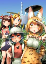 Rule 34 | 10s, 4girls, absurdres, anger vein, animal ears, backpack, bag, bare shoulders, belt, black hair, blonde hair, blouse, blue eyes, bow, bowtie, brown hair, collarbone, commentary request, day, dress, elbow gloves, feathers, flores man (kemono friends) (welt (kinsei koutenkyoku)), gloves, hand on own hip, hat, hat feather, helmet, high-waist skirt, highres, kaban (kemono friends), kemono friends, long hair, multicolored hair, multiple girls, neanderthal man (kemono friends) (welt (kinsei koutenkyoku)), original, outdoors, pith helmet, puff of air, red shirt, serval (kemono friends), serval print, serval tail, shirt, short hair, short sleeves, skirt, sleeveless, sleeveless shirt, sweatdrop, t-shirt, tail, welt (kinsei koutenkyoku), white hat, white shirt, yellow eyes