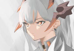 Rule 34 | 1girl, arknights, black choker, choker, closed mouth, commentary, dragon horns, earrings, grey background, highres, horns, jewelry, kag (tottokohaltaro0), long hair, looking away, orange eyes, portrait, saria (arknights), serious, shirt, silver hair, simple background, solo, v-shaped eyebrows, white shirt