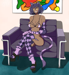 Rule 34 | 1girl, absurdres, altairlevega, animal ear fluff, animal ears, animal hands, bikini, blush, breasts, cat ears, cat paws, cat tail, checkered clothes, checkered legwear, cheshire cat (monster girl encyclopedia), cleavage, couch, crossed legs, dark-skinned female, dark skin, grin, high heels, highres, looking at viewer, medium breasts, mole, monster girl, monster girl encyclopedia, monster girl encyclopedia ii, platform footwear, platform heels, purple hair, purple theme, revealing clothes, sitting, smile, solo, striped, striped tail, swimsuit, tail, thighhighs, troll face, yellow eyes