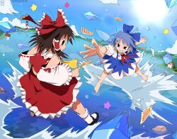 Rule 34 | 2girls, bendedede, blue bow, blue eyes, blue hair, blue skirt, bow, brown eyes, brown hair, cirno, detached sleeves, embodiment of scarlet devil, fighting, frilled skirt, frilled sleeves, frills, hair bow, hair tubes, hakurei reimu, highres, icicle, japanese clothes, lake, mary janes, miko, motion lines, multiple girls, nontraditional miko, outdoors, outstretched arms, red bow, red ribbon, red skirt, ribbon, shoes, short hair, skirt, socks, suspender skirt, suspenders, talisman, touhou, water, white socks