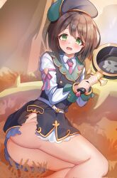 Rule 34 | 1girl, ass, belt, belt buckle, beret, black hat, black skirt, black vest, bottomless, brown hair, buckle, collared shirt, craig (2980ct), frying pan, green eyes, hair between eyes, hat, highres, holding, holding frying pan, holding weapon, long sleeves, lying, medium hair, multicolored hair, necktie, on ground, on side, open mouth, outdoors, pink necktie, princess connect!, scared, shirt, skirt, skull print, solo, streaked hair, thighs, torn clothes, vest, wakana (princess connect!), weapon, white belt, white shirt