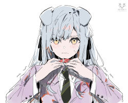 1girl absurdres animal_ears arthur_c bang_dream! bang_dream!_it&#039;s_mygo!!!!! black_ribbon blush closed_mouth collar commentary diagonal-striped_clothes diagonal-striped_necktie dog_ears dog_girl green_necktie grey_jacket hair_ribbon highres jacket kemonomimi_mode long_sleeves necktie red_collar ribbon simple_background solo striped_clothes sweatdrop symbol-only_commentary togawa_sakiko upper_body white_background yellow_eyes