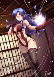 Rule 34 | adsouto, arm strap, artist name, blue eyes, blush, braid, breasts, energy ball, fate/stay night, fate (series), gloves, highres, lingerie, long hair, looking at viewer, medea (fate), medium breasts, open mouth, pointy ears, purple hair, shouji, sliding doors, solo, thighhighs, underwear, very long hair