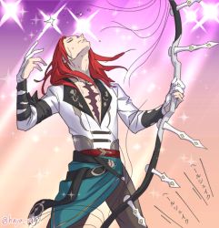 Rule 34 | 10s, 1boy, blouse, bow, bow (weapon), closed eyes, fate/grand order, fate (series), gloves, holding, holding bow (weapon), holding weapon, izura mari, long hair, male focus, open clothes, open shirt, parody, partially fingerless gloves, poptepipic, red hair, scar, shirt, solo, sparkle, sweat, tristan (fate), weapon, white gloves