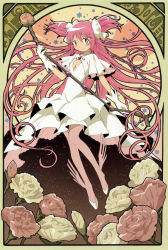 Rule 34 | 10s, 1girl, art nouveau, bow, bow (weapon), breasts, cleavage, cleavage cutout, clothing cutout, dress, flower, gloves, hair bow, hair ribbon, highres, kaname madoka, long hair, madoka runes, magical girl, mahou shoujo madoka magica, mahou shoujo madoka magica (anime), official art, pink hair, ribbon, rose, small breasts, smile, solo, spoilers, star (symbol), starry background, thighhighs, twintails, two side up, ultimate madoka, weapon, white flower, white rose, yellow eyes