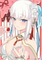 Rule 34 | 1girl, absurdres, bare shoulders, bikini, blue eyes, blue hair, blush, braid, breasts, chocolate, cleavage, detached sleeves, fate/grand order, fate (series), flower, french braid, gold trim, hair flower, hair ornament, hair ribbon, highres, large breasts, long hair, looking at viewer, morgan le fay (fate), morgan le fay (water princess) (fate), ponytail, ribbon, sidelocks, smile, solo, swimsuit, very long hair, white bikini, white hair, yuritoame