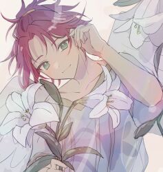 1boy adjusting_hair angel_wings closed_mouth collarbone ensemble_stars! flower green_eyes grey_shirt head_tilt highres holding holding_flower isara_mao lens_flare light_smile male_focus portrait reijiro shirt short_sleeves simple_background solo striped_clothes striped_shirt unfinished v-neck vertical-striped_clothes vertical-striped_shirt white_lily wind wings