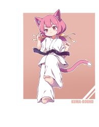 Rule 34 | 1girl, absurdres, animal ear fluff, animal ears, artist name, barefoot, belt, black belt, bright pupils, cat ears, cat girl, cat tail, closed mouth, commentary request, dot nose, dougi, full body, highres, kuma-bound, low twintails, martial arts belt, orange eyes, original, pants, pink hair, soles, solo, tail, toes, twintails, v-shaped eyebrows, white pants, white pupils