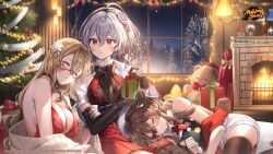 Rule 34 | 2019, 3girls, absurdres, breasts, brown hair, character request, chimney, christmas, christmas lights, christmas tree, closed eyes, commentary, copyright name, decorations, dress, english commentary, expressionless, eyelashes, flower, gift, glasses, grey hair, hair flower, hair ornament, hairband, highres, holding, holding gift, large breasts, long hair, mahjong soul, multiple girls, pillo, red dress, sleeping, stuffed animal, stuffed toy, teddy bear, window, yostar