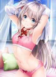 Rule 34 | 1girl, armpits, arms up, blue eyes, blue sky, bra, closed mouth, cloud, covered erect nipples, curtains, dakikano, day, flat chest, grey hair, highres, kurono mitsuki, long hair, navel, official art, open clothes, open shirt, panties, pillow, pink bra, pink panties, school uniform, shirt, sky, smile, solo, stomach, underwear, white shirt, window