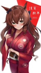 Rule 34 | 1girl, absurdres, animal ears, black bow, blue eyes, blush, bow, breasts, brown hair, closed mouth, commentary request, cowboy shot, dated, ear bow, floral print, hair between eyes, highres, horse ears, horse girl, japanese clothes, kikumon, kimono, long hair, long sleeves, looking at viewer, maruzensky (umamusume), medium breasts, red background, red kimono, solo, translation request, two-tone background, umainu 2002, umamusume, very long hair, white background