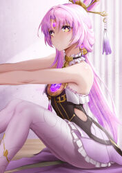 Rule 34 | 1girl, absurdres, bare shoulders, breasts, forehead jewel, fu xuan (honkai: star rail), hair ornament, highres, honkai: star rail, honkai (series), long hair, low twintails, pantyhose, parted bangs, pink hair, royboy, sitting, small breasts, solo, thighs, twintails, very long hair, white pantyhose, yellow eyes