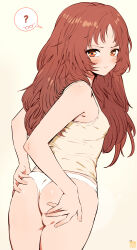 Rule 34 | 1girl, absurdres, adjusting clothes, adjusting panties, ass, ass grab, bare shoulders, blush, breasts, closed mouth, cowboy shot, grabbing own ass, highres, looking at viewer, looking back, messy hair, mie ai, mr tangsuyuk, orange eyes, panties, parted bangs, red hair, shirt, simple background, small breasts, solo, spaghetti strap, standing, sukinako ga megane wo wasureta, thighs, thought bubble, underwear, white background, white panties, white shirt