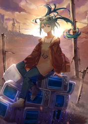 Rule 34 | 1girl, bad id, bad pixiv id, boots, brown footwear, cloud, earrings, eyewear on head, full body, green eyes, green hair, hatsune miku, highres, jewelry, long hair, looking at viewer, outdoors, purple sky, radio tower, ruins, shenteita, sitting, sky, suna no wakusei (vocaloid), sunrise, television, twintails, vocaloid