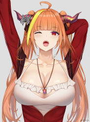 Rule 34 | 1girl, absurdres, ahoge, arms up, blonde hair, blunt bangs, blush, bow, breasts, camisole, cepelav, cleavage, collarbone, commentary, diagonal-striped bow, dragon horns, english commentary, fangs, grey background, highres, hololive, horn bow, horn ornament, horns, jacket, jewelry, kiryu coco, kiryu coco (loungewear), large breasts, long hair, looking at viewer, multicolored hair, official alternate costume, one eye closed, open mouth, orange hair, pendant, pointy ears, red eyes, red jacket, simple background, solo, streaked hair, twintails, twitter username, two-tone hair, upper body, virtual youtuber, white camisole