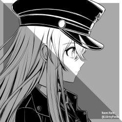 Rule 34 | 1girl, character request, check copyright, copyright request, from side, grey background, grey theme, hair between eyes, hat, highres, jacket, long hair, military, military hat, military jacket, military uniform, naomi nami, punishing: gray raven, sidelocks, uniform