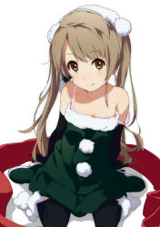 Rule 34 | 10s, 1girl, 3:, alternate hairstyle, bare shoulders, black gloves, black thighhighs, blonde hair, bra, brown eyes, christmas, collarbone, dress, elbow gloves, gloves, green dress, green skirt, hair ornament, highres, long hair, looking at viewer, love live!, love live! school idol project, minami kotori, off shoulder, ogipote, pink bra, santa costume, sitting, skirt, smile, solo, strap slip, strapless, strapless dress, thighhighs, twintails, underwear, very long hair, wariza, zettai ryouiki