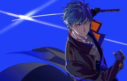 Rule 34 | 1boy, black jacket, blue background, brown eyes, coattails, collared shirt, comacoul, dress shirt, fate/grand order, fate (series), fingerless gloves, gloves, grey hair, grin, highres, holding, holding weapon, jacket, japanese clothes, katana, light rays, looking at viewer, male focus, saitou hajime (fate), shinsengumi, shirt, short hair, simple background, smile, sword, teeth, upper body, wavy hair, weapon, white shirt