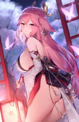 Rule 34 | 1girl, animal ears, ass, bare shoulders, black panties, blush, breasts, cherry blossoms, detached sleeves, earrings, fox ears, genshin impact, hair ornament, highres, japanese clothes, jewelry, kimono, lantern, large breasts, long hair, looking at viewer, low-tied long hair, necklace, night, panties, pendant, pink hair, purple eyes, red skirt, shirt, sideboob, sidelocks, skirt, sleeveless, sleeveless shirt, sora 72-iro, thighs, underwear, very long hair, white shirt, wide sleeves, yae miko