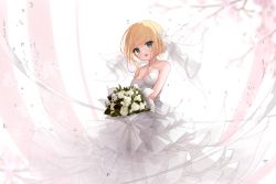 Rule 34 | 1girl, :d, bare shoulders, blonde hair, bouquet, breasts, dress, flower, green eyes, guo582, looking at viewer, medium breasts, open mouth, original, rose, smile, solo, strapless, strapless dress, veil, wedding dress, white dress, white flower, white rose