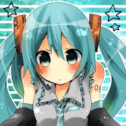 1girl :&lt; aqua_eyes aqua_hair bad_id bad_pixiv_id blush detached_sleeves female_focus hatsune_miku headset long_hair necktie solo twintails upper_body uzuki_asa vocaloid