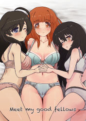 Rule 34 | 3girls, absurdres, ahoge, back, bed sheet, black hair, blue bra, blue eyes, blue panties, blunt bangs, blush, bow, bow bra, bra, breasts, brown eyes, closed mouth, commentary request, crotch seam, english text, from above, frown, girl sandwich, girls und panzer, gluteal fold, grey panties, grey sports bra, hairband, highres, holding hands, interlocked fingers, isuzu hana, lace, lace-trimmed bra, lace trim, long hair, looking at viewer, lying, makura ken, medium breasts, multiple girls, navel, on back, on bed, on side, one eye closed, open mouth, orange eyes, orange hair, panties, pink bra, pink panties, reizei mako, sandwiched, smile, sports bra, sports panties, sweatdrop, takebe saori, thigh gap, underwear, underwear only, white hairband