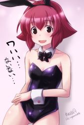 Rule 34 | 1girl, animal ears, artist name, black bow, black bowtie, black eyes, black leotard, bow, bowtie, breasts, catchphrase, cleavage, commentary request, cowboy shot, detached collar, fake animal ears, gluteal fold, gradient background, hand on own hip, haruhata mutsuki, kanbara satomi, leotard, looking at viewer, open mouth, playboy bunny, rabbit ears, red hair, saki (manga), short hair, signature, small breasts, smile, solo, standing, strapless, strapless leotard, twitter username, wrist cuffs
