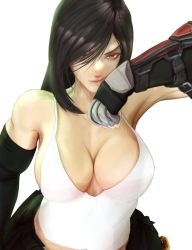 Rule 34 | 1girl, armor, black gloves, black hair, breasts, cleavage, earrings, elbow gloves, final fantasy, final fantasy vii, final fantasy vii remake, gloves, highres, jewelry, large breasts, long hair, looking at viewer, red eyes, square enix, tank top, tifa lockhart, white background, white tank top, yoracrab