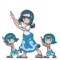 3girls arms_up blacknirrow blue_eyes blue_footwear blue_hair blue_pants blue_skirt closed_mouth creatures_(company) flip-flops full_body game_freak gen_1_pokemon harper_(pokemon) lana&#039;s_mother_(pokemon) medium_hair mother_and_daughter multiple_girls nintendo no_sclera pants pokemon pokemon_(anime) pokemon_sm_(anime) sandals sarah_(pokemon) shellder shirt short_hair siblings simple_background sisters skirt slowpoke smile standing standing_on_one_leg twins white_background white_shirt z-move_trainer_pose